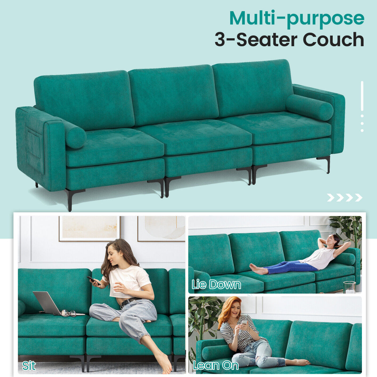3-Seat Sectional Sofa, Side Storage Pocket, Metal Leg, Teal Sofas & Loveseats at Gallery Canada