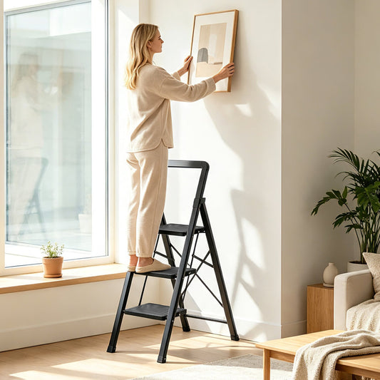 3 Step Folding Step Stool, Wide Anti-slip Pedals, Black Ladders Options at Gallery Canada