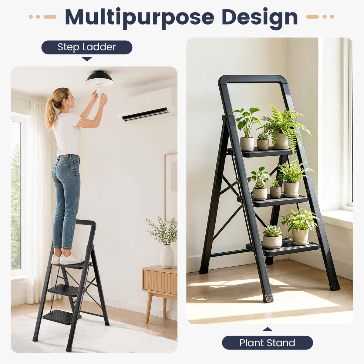 3 Step Folding Step Stool, Wide Anti-slip Pedals, Black Ladders at Gallery Canada