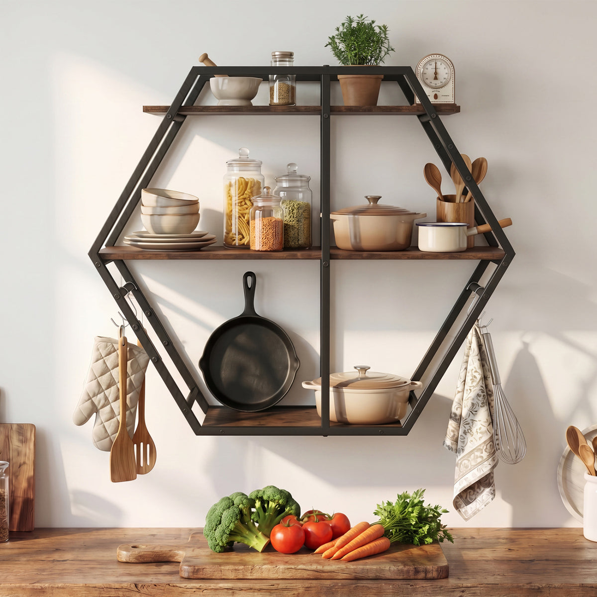 3-Tier Geometric Bookcase With S-Shaped Hooks, Rustic Brown Bookcases at Gallery Canada