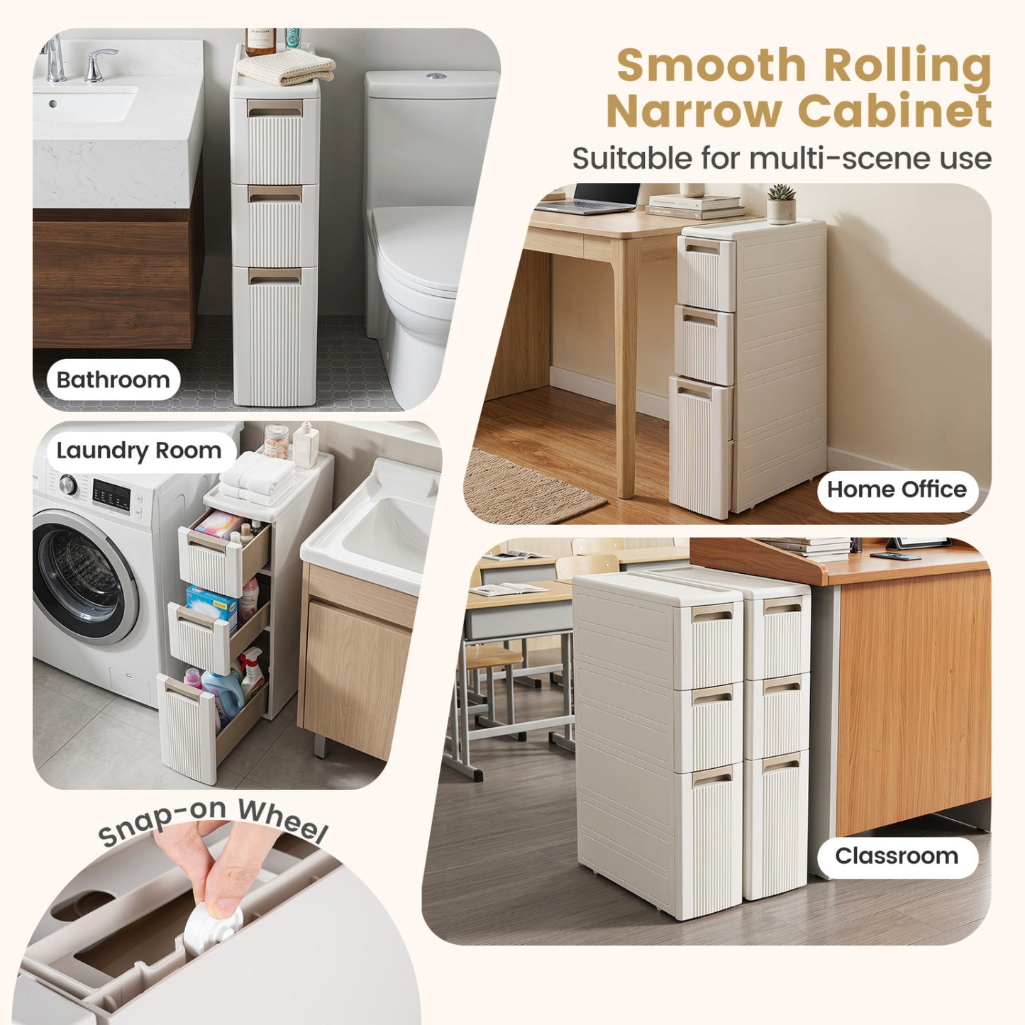 3-Tier Slim Rolling Storage Cart With 3 Drawers, Beige Floor Cabinets at Gallery Canada