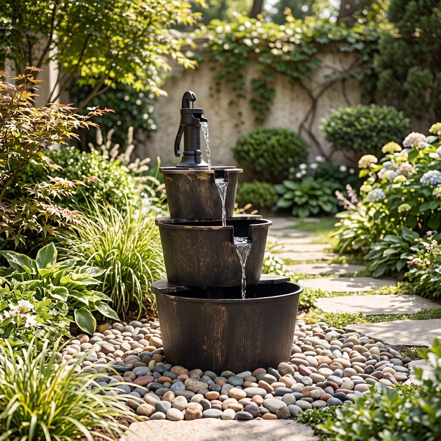 3-Tier Outdoor Barrel Waterfall Fountain Outdoor Decor at Gallery Canada
