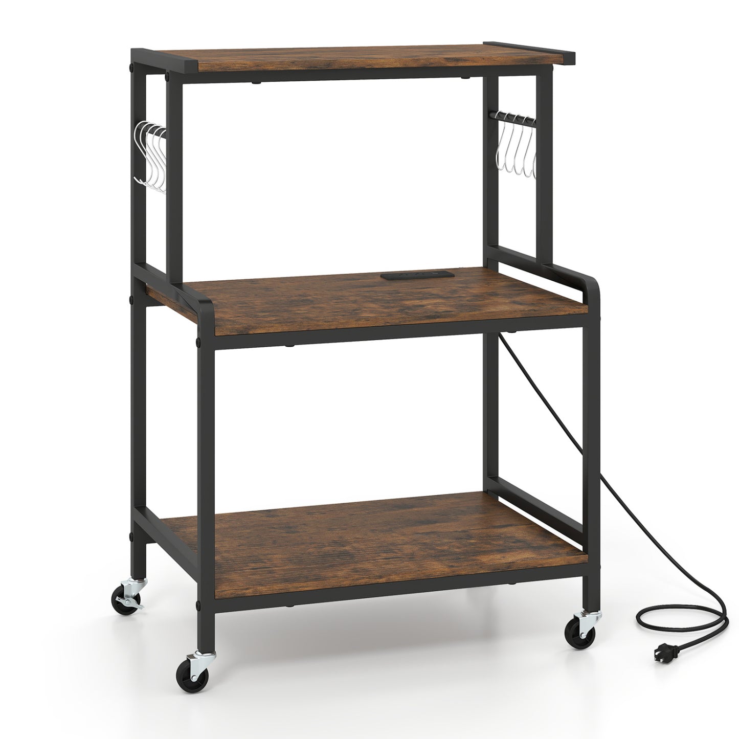 3-Tier Rolling Microwave Cart with Power Outlet and Lockable Wheels and 10 Hooks, Rustic Brown Kitchen Islands & Carts at Gallery Canada
