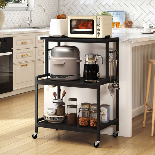 3-Tier Rolling Microwave Cart, Power Outlet, Lockable Wheels, Black Kitchen Islands & Carts Black at Gallery Canada