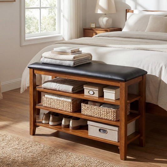 3-Tier Shoe Rack Bench, Adjustable Shelves, Soft Cushion, Brown Shoe Racks & Storage Benches Brown at Gallery Canada