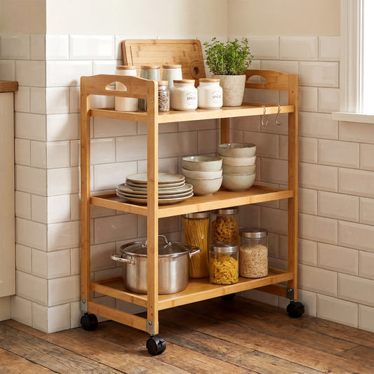 3-Tier Rolling Cart, Bamboo Utility Cart, 4 Universal Wheels, Natural File Cabinets Natural at Gallery Canada