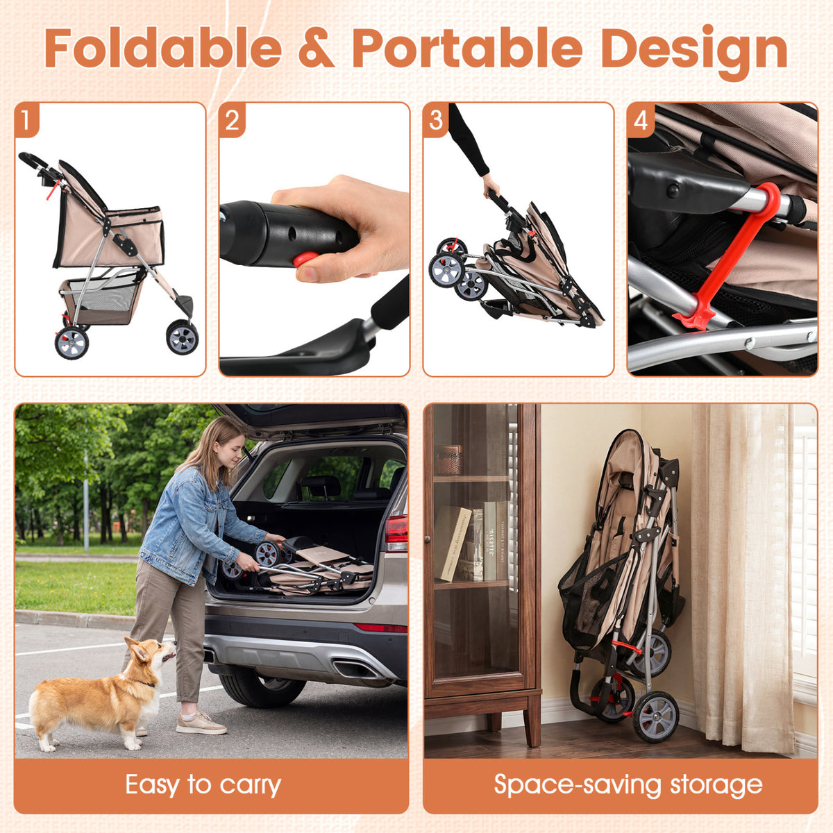 3 Wheel Pet Stroller For Small Dogs Cats Up To 33 Lbs, Beige Cat Supplies at Gallery Canada