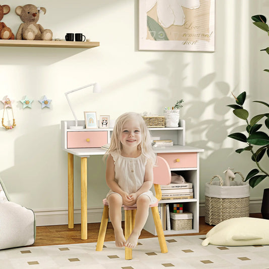 Kids Study Table and Chair Set, Desk with Storage, for 3-8 Year Old, Pink Kids Desk Sets Pink at Gallery Canada