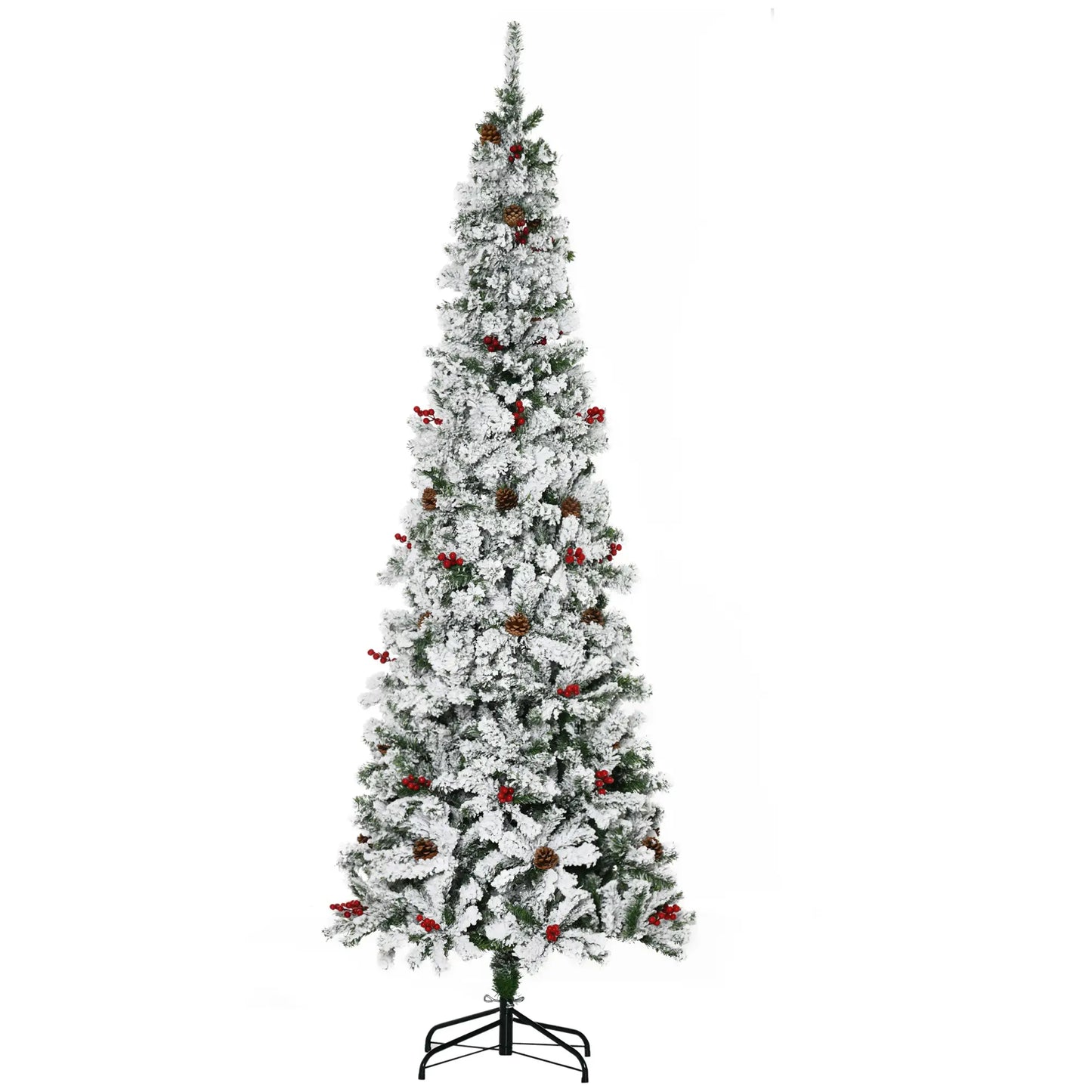 7.5 Foot Flocked Artificial Christmas Tree, 950 Pine Branches, Pine Cones, Red Berries, Green Pencil Christmas Trees at Gallery Canada