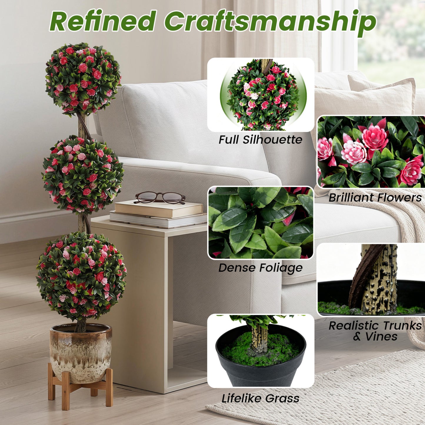 43.5" Artificial Triple Ball Rose Topiary Tree with Lifelike Blooms and Green Leaves Faux Plants at Gallery Canada