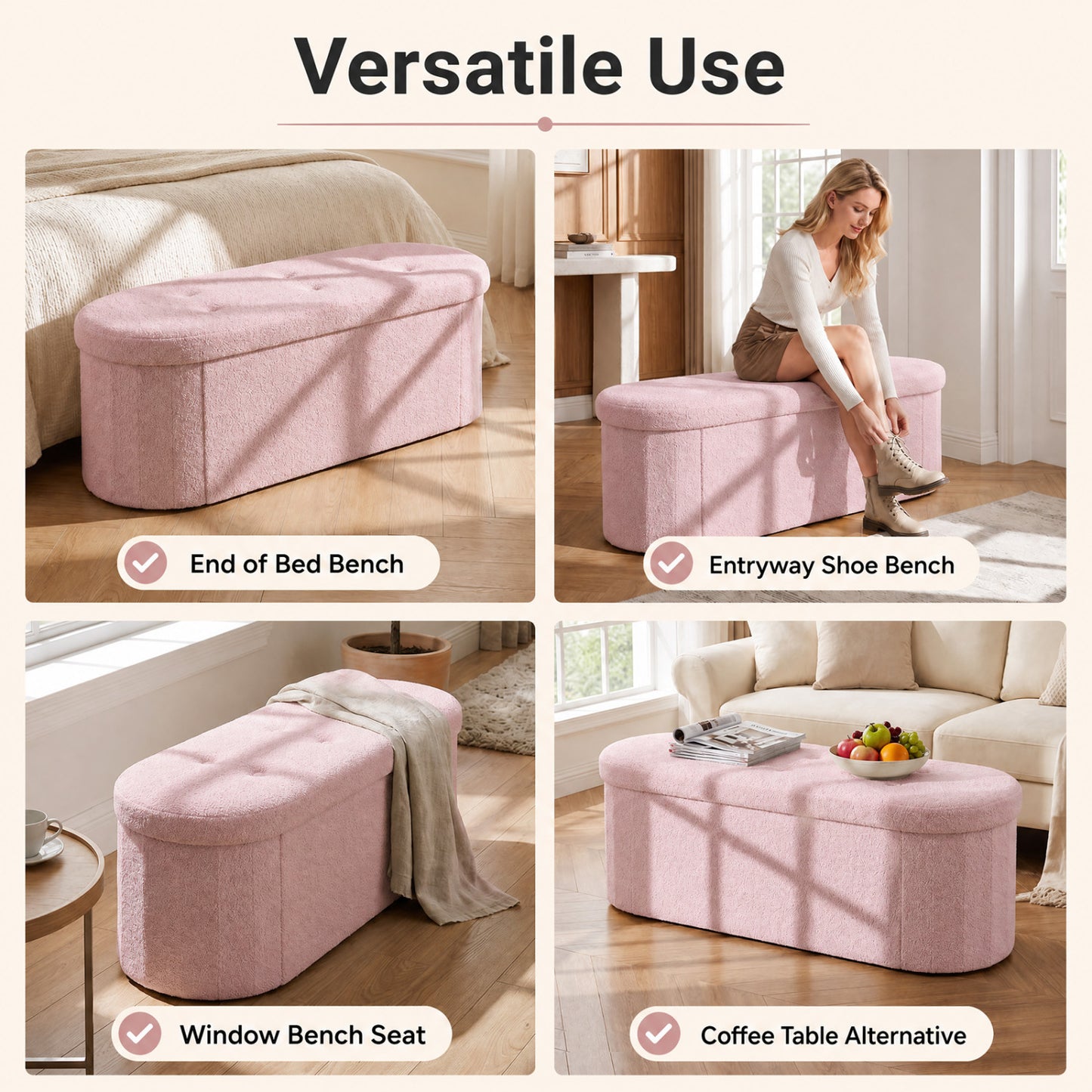 Folding Teddy Storage Bench with Dividers, 43", Pink