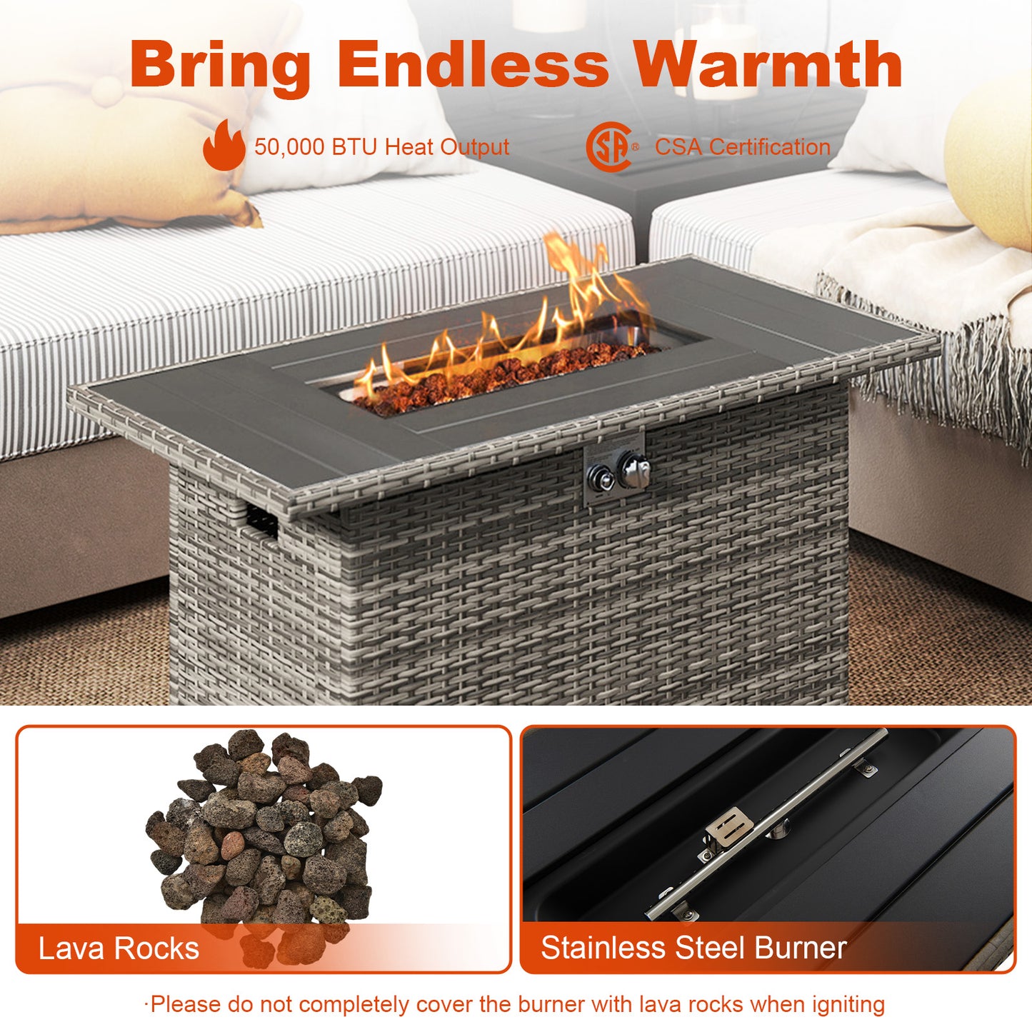 44.5 Inch Propane Fire Pit Table, Rattan Gas 2-in-1 Stainless Steel Burner, Gray Fire Pits at Gallery Canada