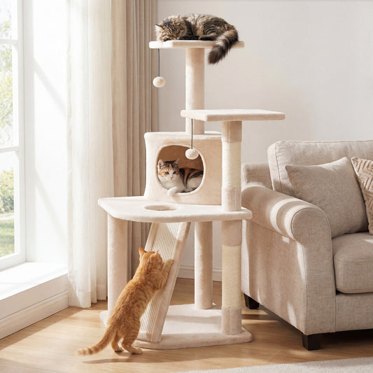 44 Inch Kitten Tower With Condo, 2 Plush Perches, Beige Cat Trees Condos & Scratchers Beige at Gallery Canada
