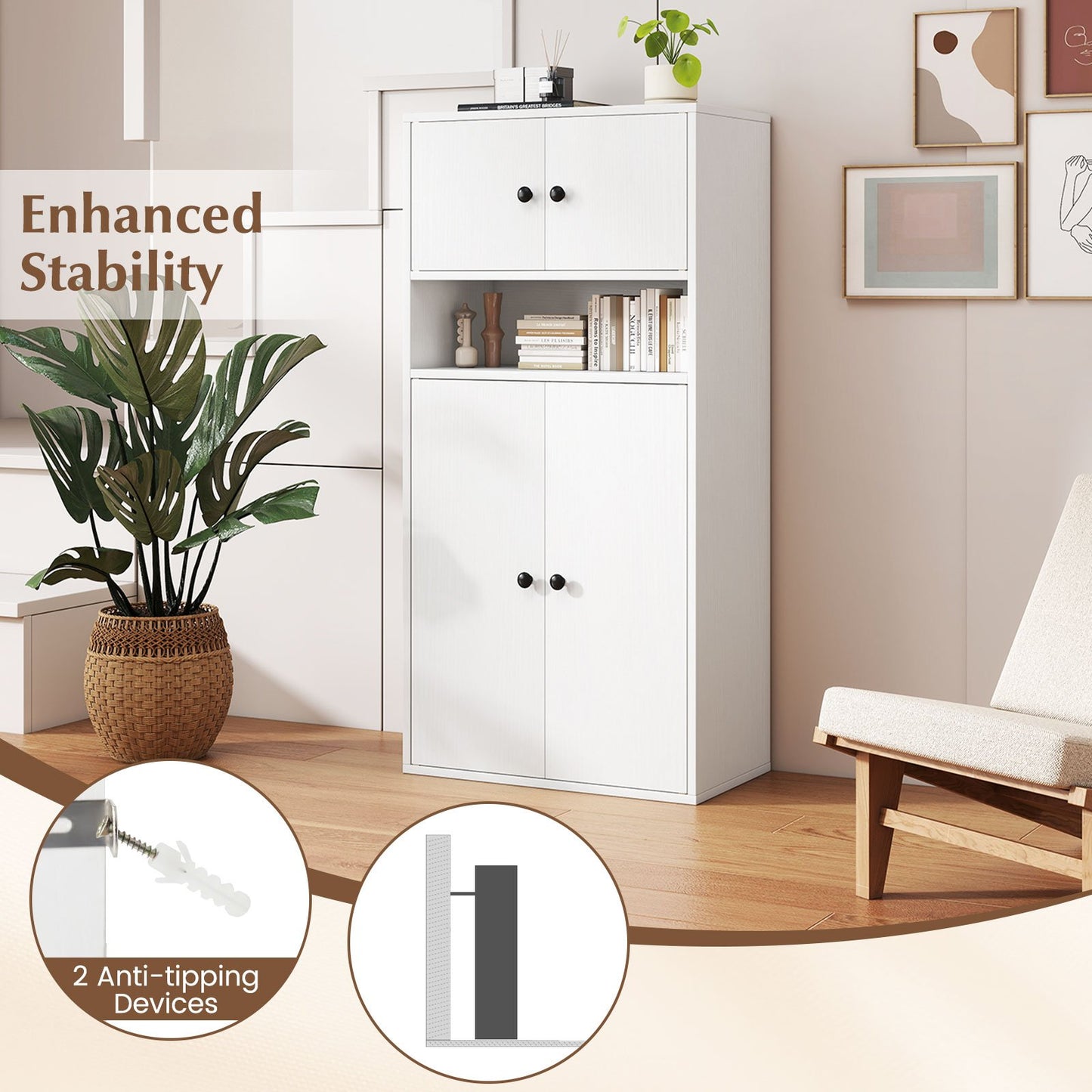44 Inches Tall Bookshelf With Doors, Adjustable Shelf, White Bookcases at Gallery Canada