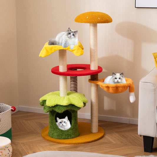 46 Inch Tall Cat Tree, Multi-Level, Padded Perch, Hanging Basket Bed, Yellow Cat Trees Condos & Scratchers Yellow at Gallery Canada