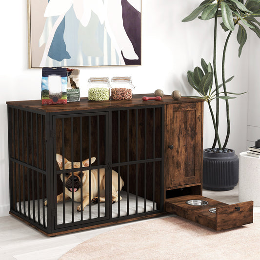 47.5 inch Dog Crate Furniture with Hidden Pull-out Bowls in Drawer for Small and Medium Dogs, Rustic Brown Dog Kennels Rustic Brown at Gallery Canada