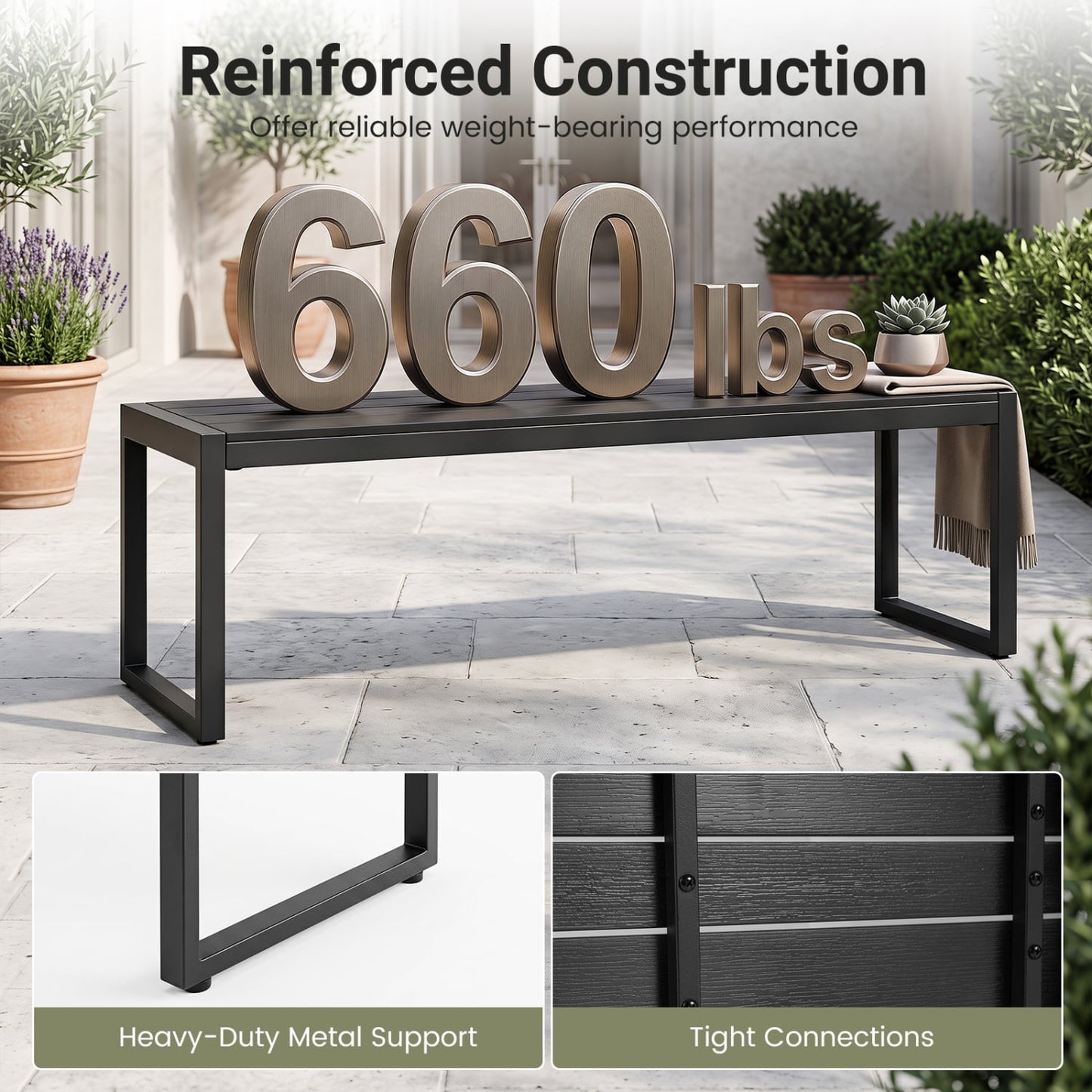 48" Outdoor Bench Set of 2 with Wood-Plastic Composite and Metal Frame Slatted Sea, Black