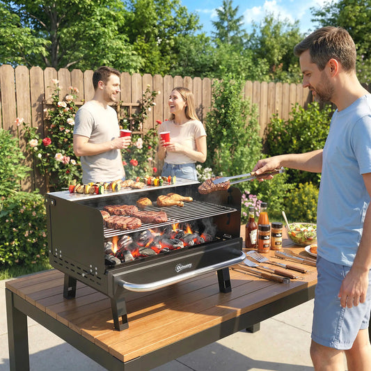 Charcoal BBQ Grill, Portable with Adjustable Grates, Foldable Legs, Black