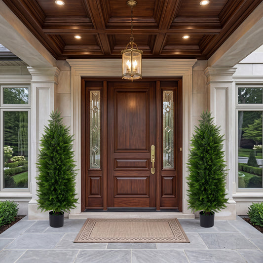 4 FT Artificial Topiary Tree Set, 2 Faux Cedar Cypress Plants, Cement-Filled Pots, Green Faux Plants Green at Gallery Canada