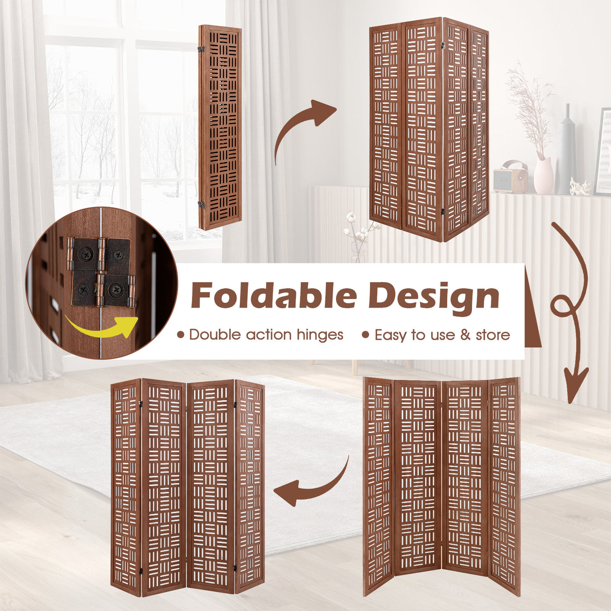4-Panel Solid Wood Room Divider, Walnut Room Dividers at Gallery Canada