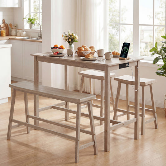 4-Piece Counter Height Dining Table Set, Solid Rubber Wood, Light Gray Dining Room Sets Light Gray at Gallery Canada