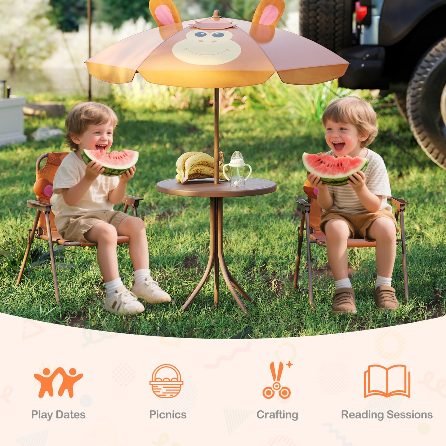 Kids Picnic Set, 4 Pieces, 2 Folding Chairs, Adjustable Umbrella, Brown Kids Table & Chair Sets at Gallery Canada
