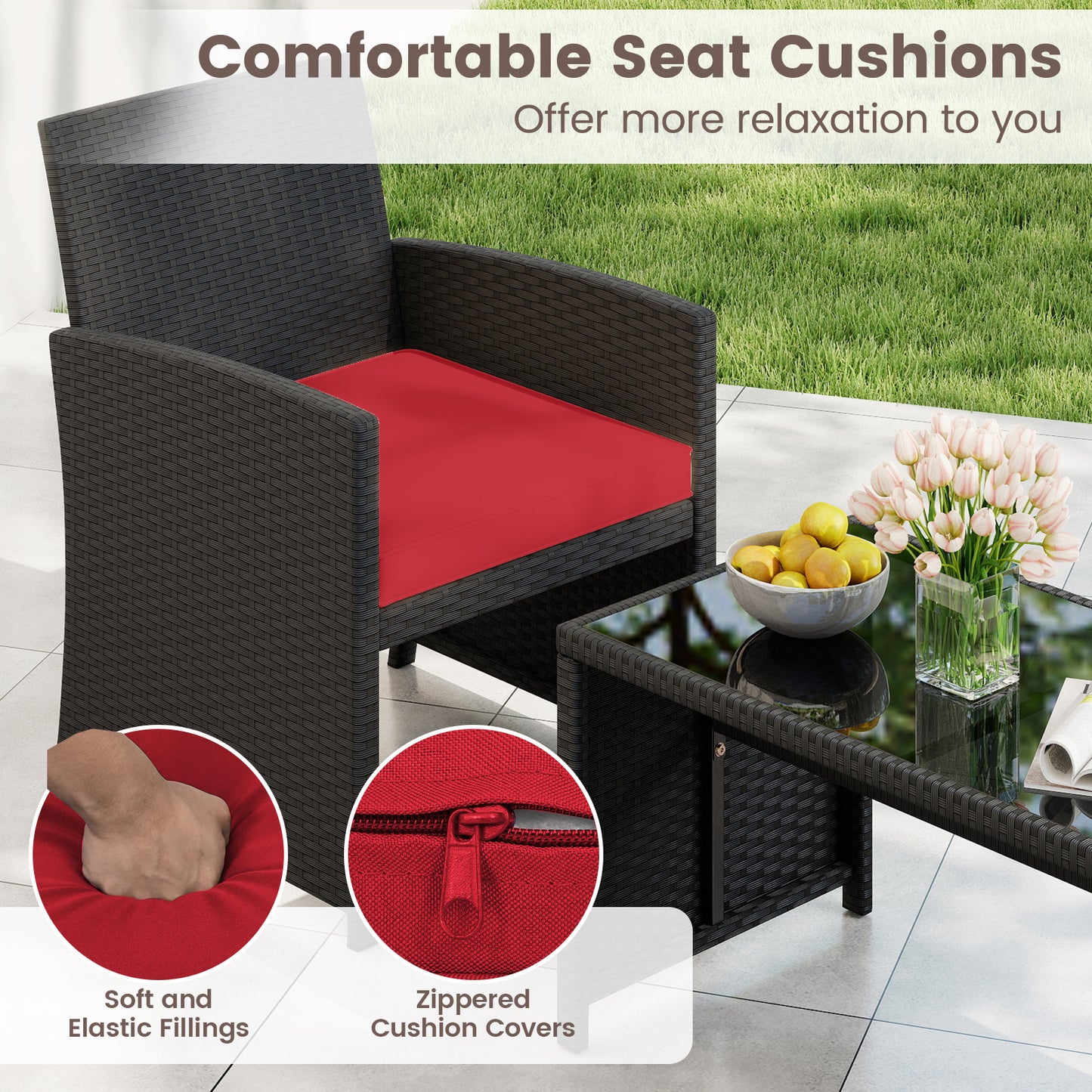 4 Piece Patio Furniture Set, Tempered Glass Tabletop, Removable Cushion, Red Patio Conversation Sets at Gallery Canada
