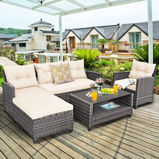 Patio Rattan Furniture Set, 4 Pieces, With Cushion And Table Shelf, Off White Outdoor Sectionals Off White at Gallery Canada