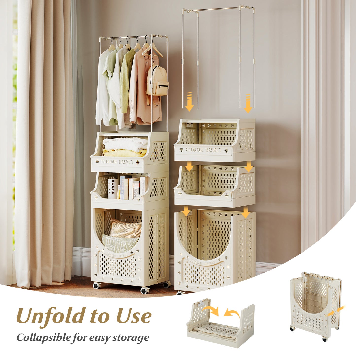 4-Tier Laundry Cart, Folding Hamper With Hanging Bar, 8 Hooks, Beige Laundry Baskets at Gallery Canada