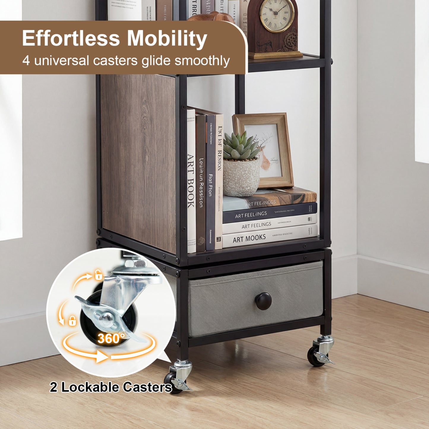 4-Tier Rotating Bookshelf On Wheels, With Drawer, Gray Bookcases at Gallery Canada