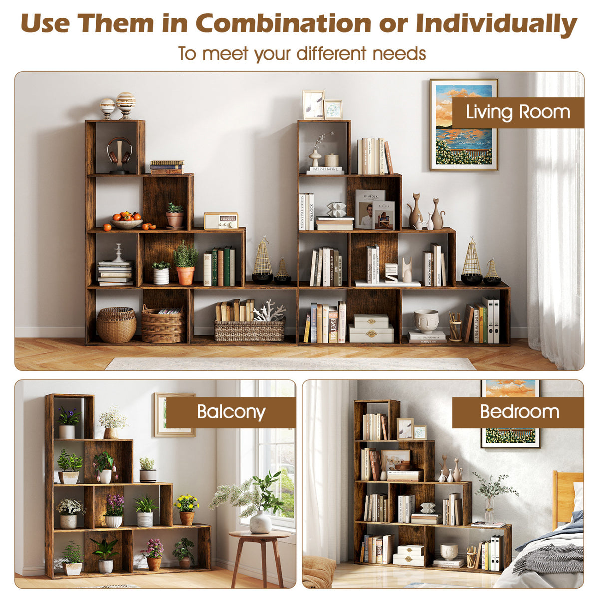 4-Tier Ladder Bookshelf with 6 Cubes, Rustic Brown Bookcases at Gallery Canada