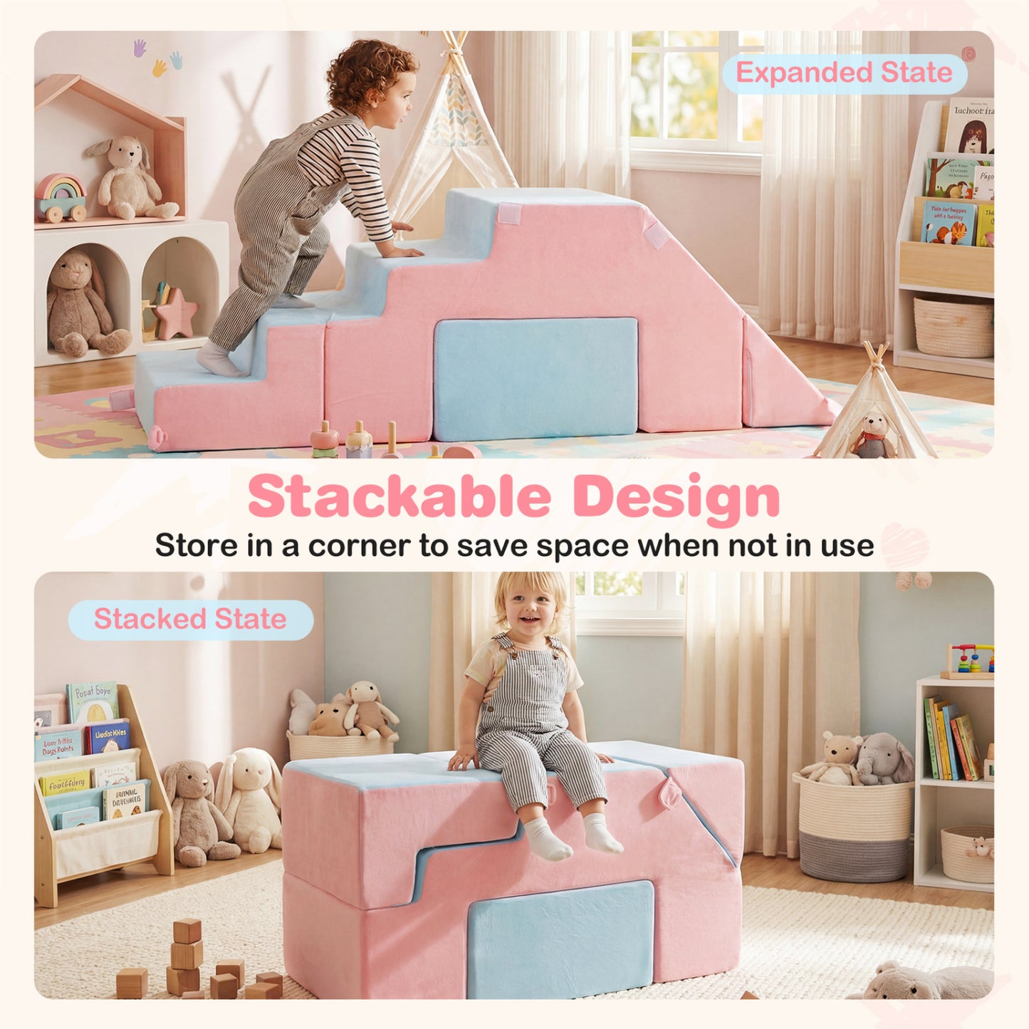 4-in-1 Foam Climbing Blocks Toddler Indoor Climb with Slide, Pink Climbers & Slides at Gallery Canada