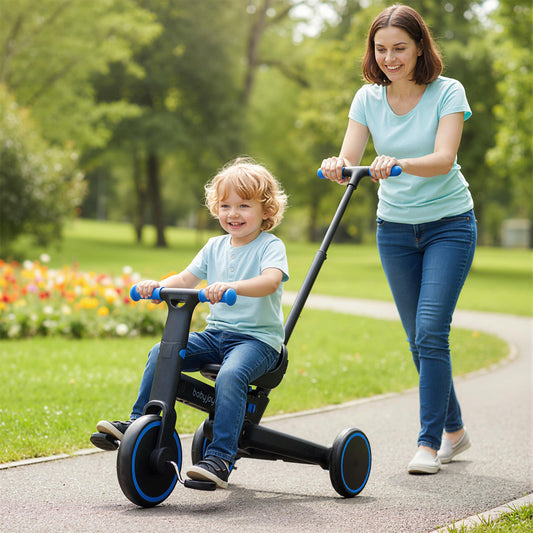 4-in-1 Foldable Toddler Tricycle with Push Handle with Adjustable Seat, Navy Balance Bikes Navy at Gallery Canada