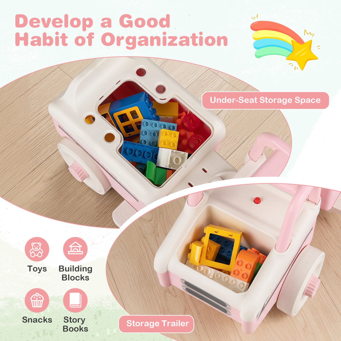4 in 1 Ride on Push Car with Music and Under-Seat Storage for Boys Girls, Pink Push & Pedal Ride On Toys at Gallery Canada