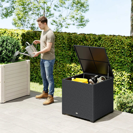 67 Gallon Rattan Deck Box, Waterproof Zippered Liner, Grey Patio Storage Boxes Grey at Gallery Canada