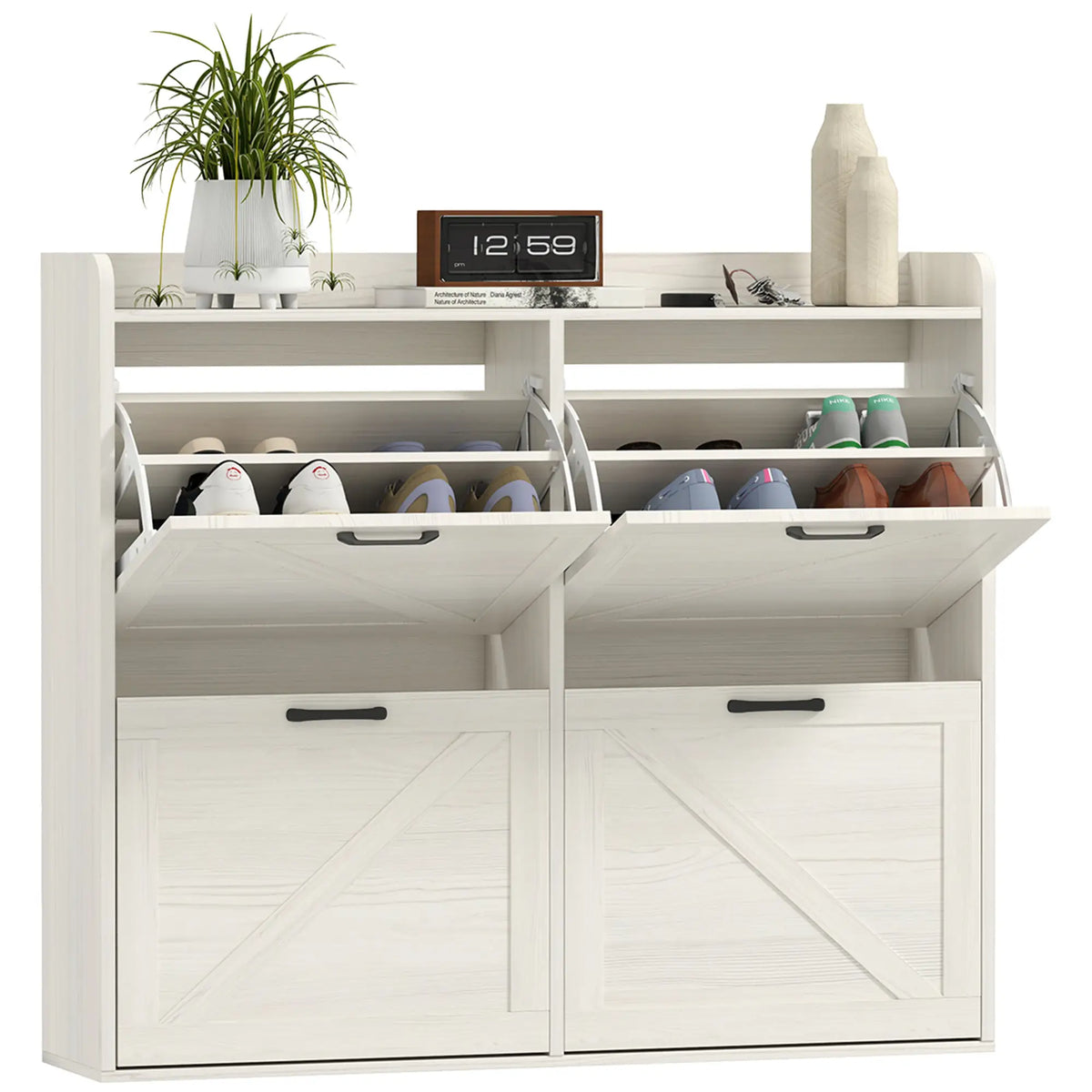 Narrow Shoe Storage Cabinet, 4 Flip Drawers, Adjustable Shelves, 16 Pair, White Oak Shoe Storage Cabinets & Racks at Gallery Canada
