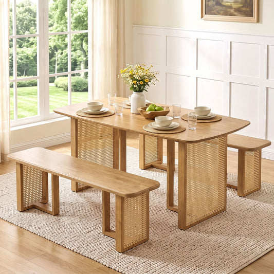 55" Solid Rubber Wood Dining Table Set, 2 Benches, Natural Dining Room Sets Natural at Gallery Canada