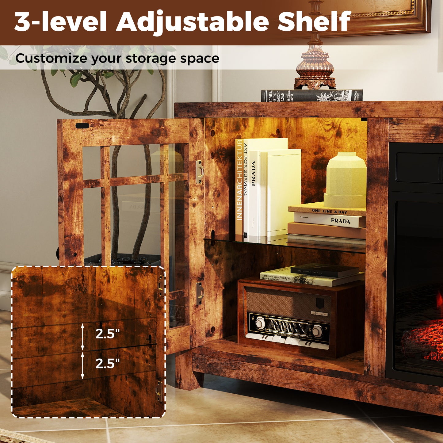 58" Fireplace TV Stand with LED Lights and 18" Electric Fireplace, Rustic Brown Fireplaces at Gallery Canada