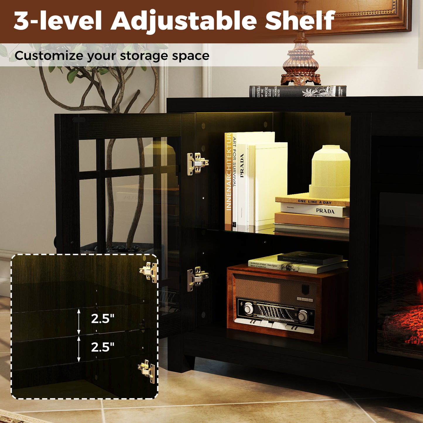 58" Fireplace TV Stand with LED Lights and 18" Electric Fireplace, Black Fireplaces at Gallery Canada