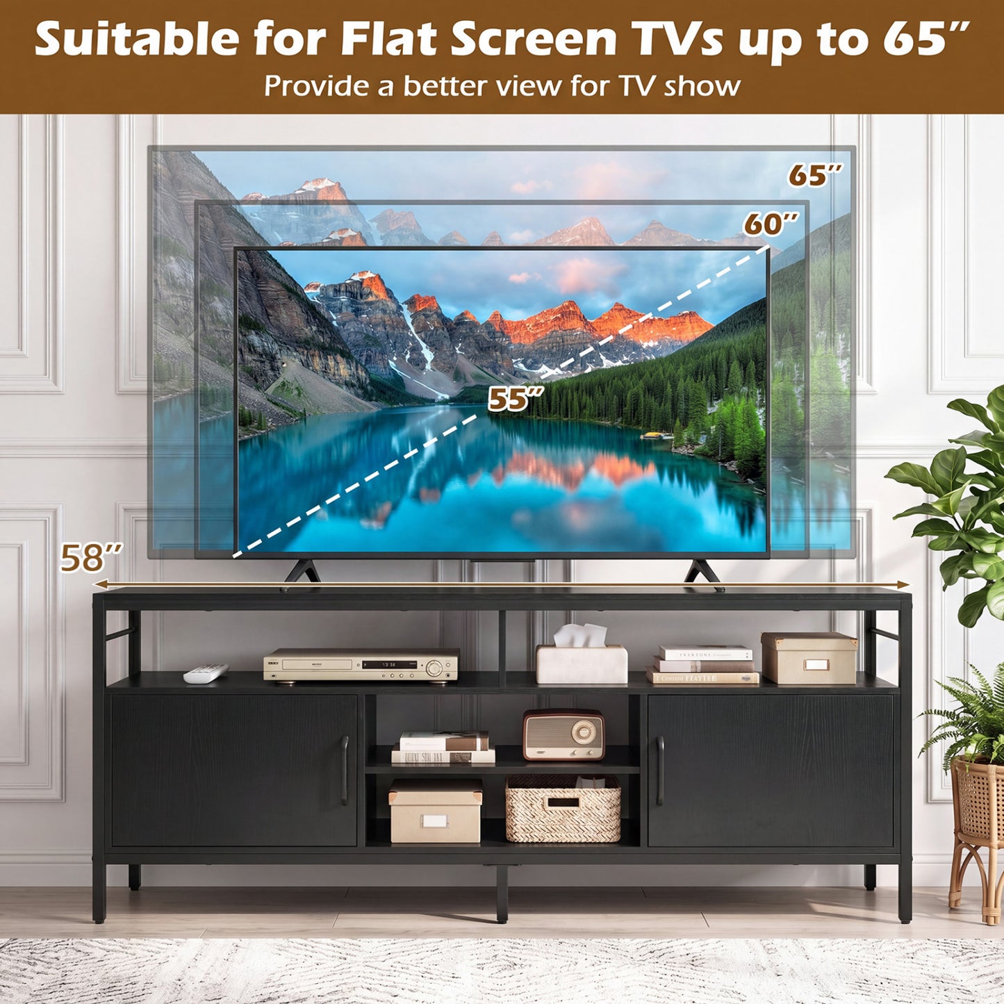 58" Industrial TV Stand With Cabinets, Adjustable Shelf, Black Entertainment Centers & TV Stands at Gallery Canada
