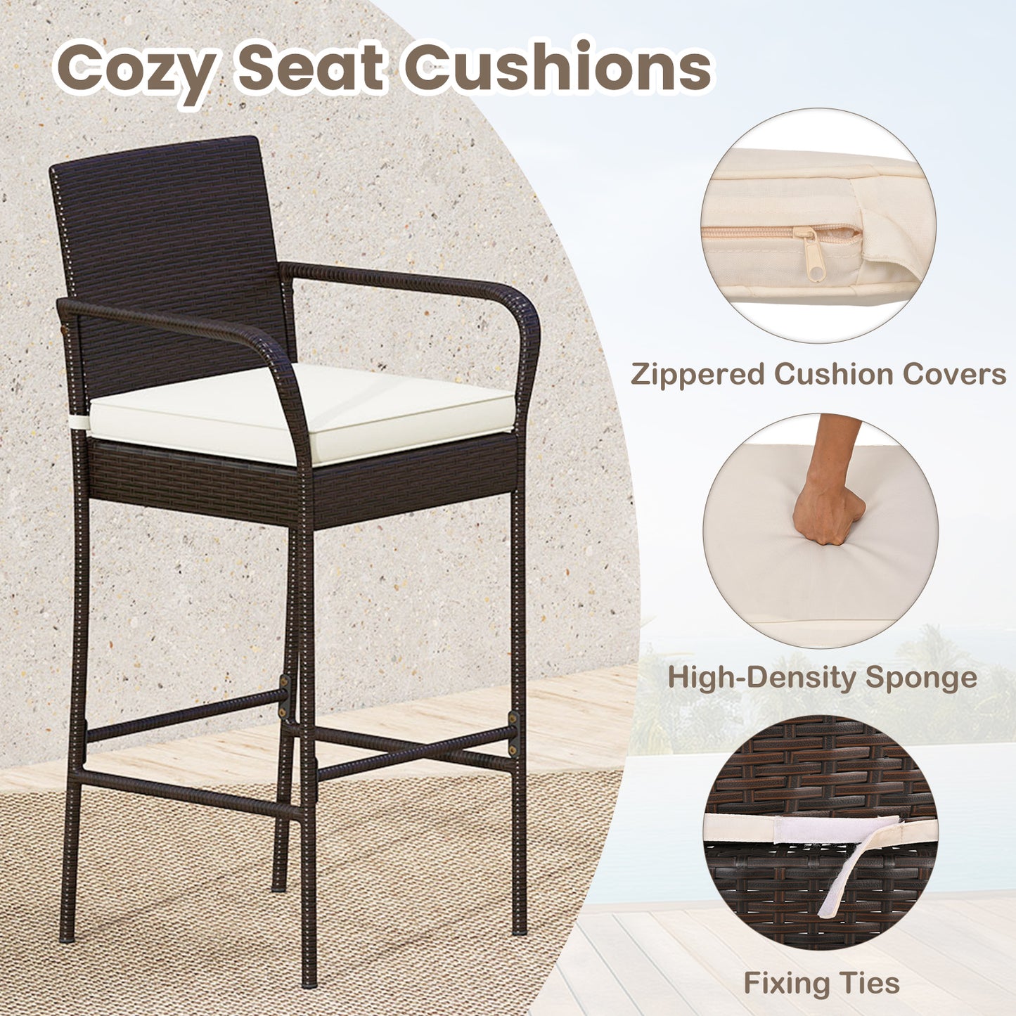 Rattan Bar Height Table And Chairs, 2 Seat Cushions, White Patio Bar Furniture at Gallery Canada
