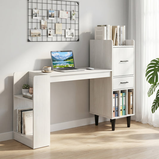 59" Desk with Side Storage Shelves and Drawer, White Standing Desks White at Gallery Canada