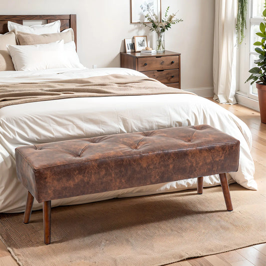 PU Leather Button Tufted Bench with Wood Legs, Brown Storage Ottomans & Benches Brown at Gallery Canada