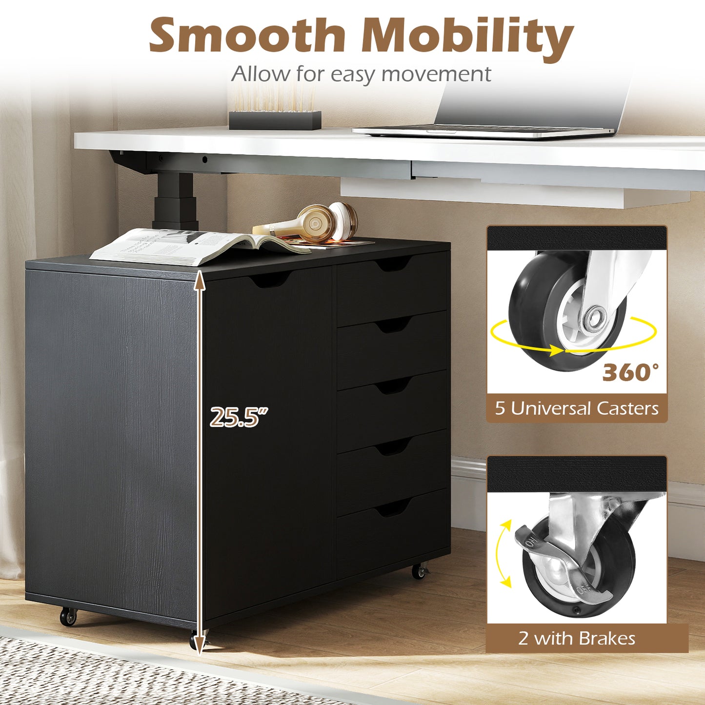 5-Drawer Rolling Storage Cart With Side Cabinet, Black File Cabinets at Gallery Canada