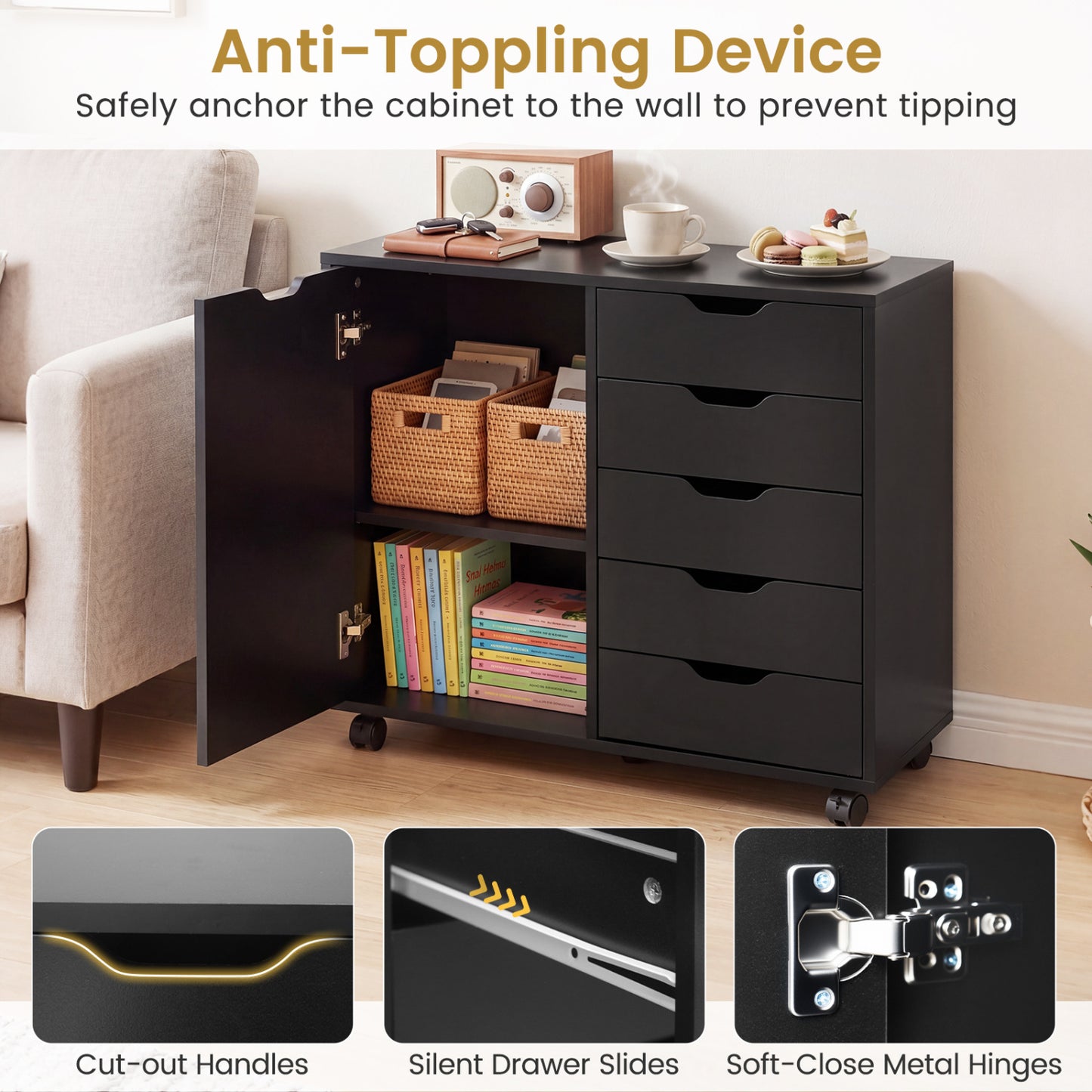 5 Drawer Storage Cabinet on Wheels with Adjustable Shelf, Black File Cabinets at Gallery Canada