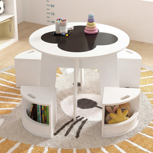 Kids Table And Chair Set, 5 PCS, With Storage Stools, White Kids Table & Chair Sets White at Gallery Canada