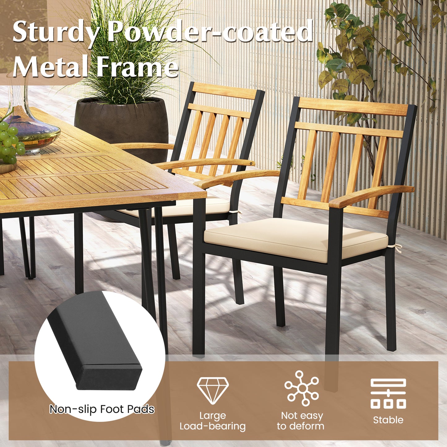 5 Piece Outdoor Acacia Wood Dining Set, Round Table, Metal Chairs with Cushions Patio Dining Sets at Gallery Canada