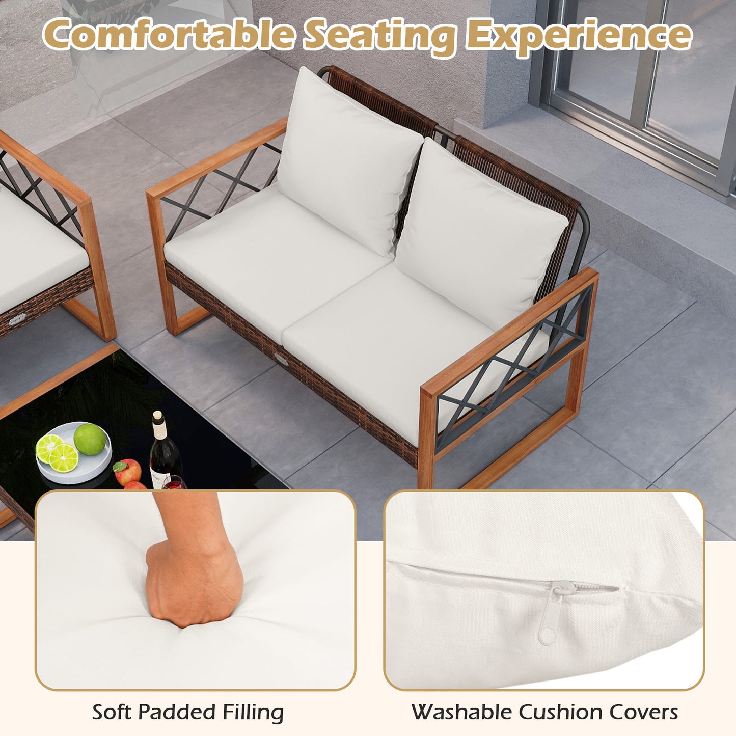 5 Pieces PE Wicker Patio Furniture Set with Acacia Wood Frame Patio Dining Sets at Gallery Canada