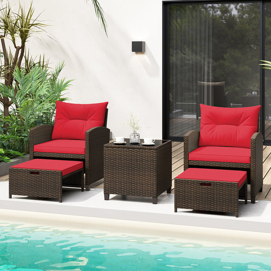 5 Piece Patio Rattan Furniture Set, 2 Ottomans, Tempered Glass Coffee Table, Red Patio Conversation Sets Red at Gallery Canada