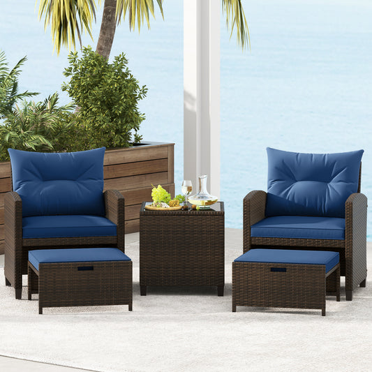5 Pieces Patio Rattan Furniture with 2 Ottomans and Tempered Glass Coffee Table, Navy Patio Conversation Sets Navy at Gallery Canada